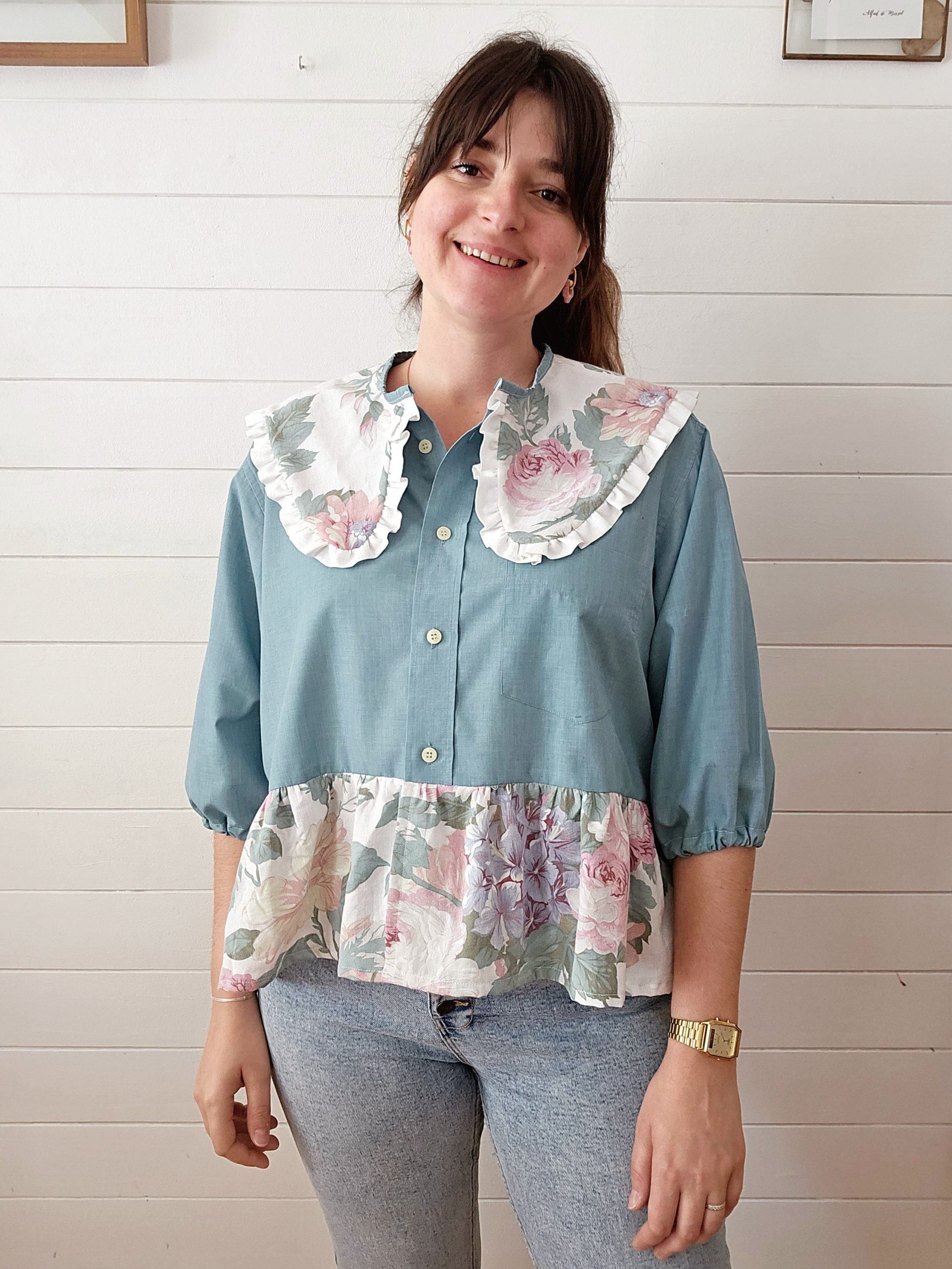 Blouse col claudine - Coloris vert d'eau & imprimé fleuri