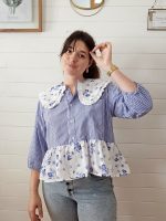 Blouse col claudine - Vichy bleu clair & imprimé fleuri