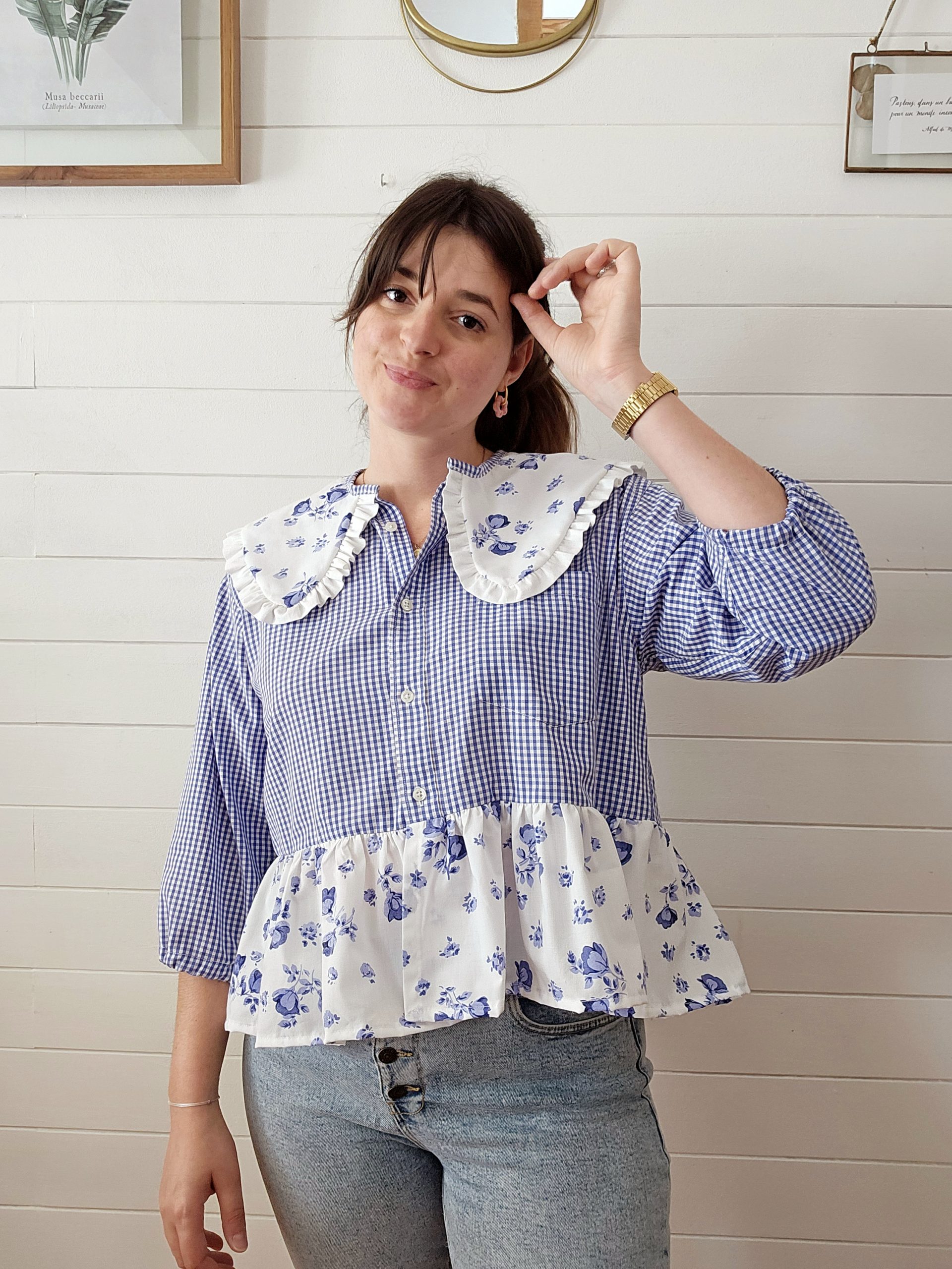 Blouse col claudine - Vichy bleu clair & imprimé fleuri