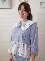 Blouse col claudine - Vichy bleu clair & imprimé fleuri – Image 5