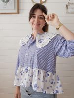 Blouse col claudine - Vichy bleu clair & imprimé fleuri – Image 3
