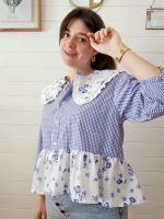 Blouse col claudine - Vichy bleu clair & imprimé fleuri – Image 2